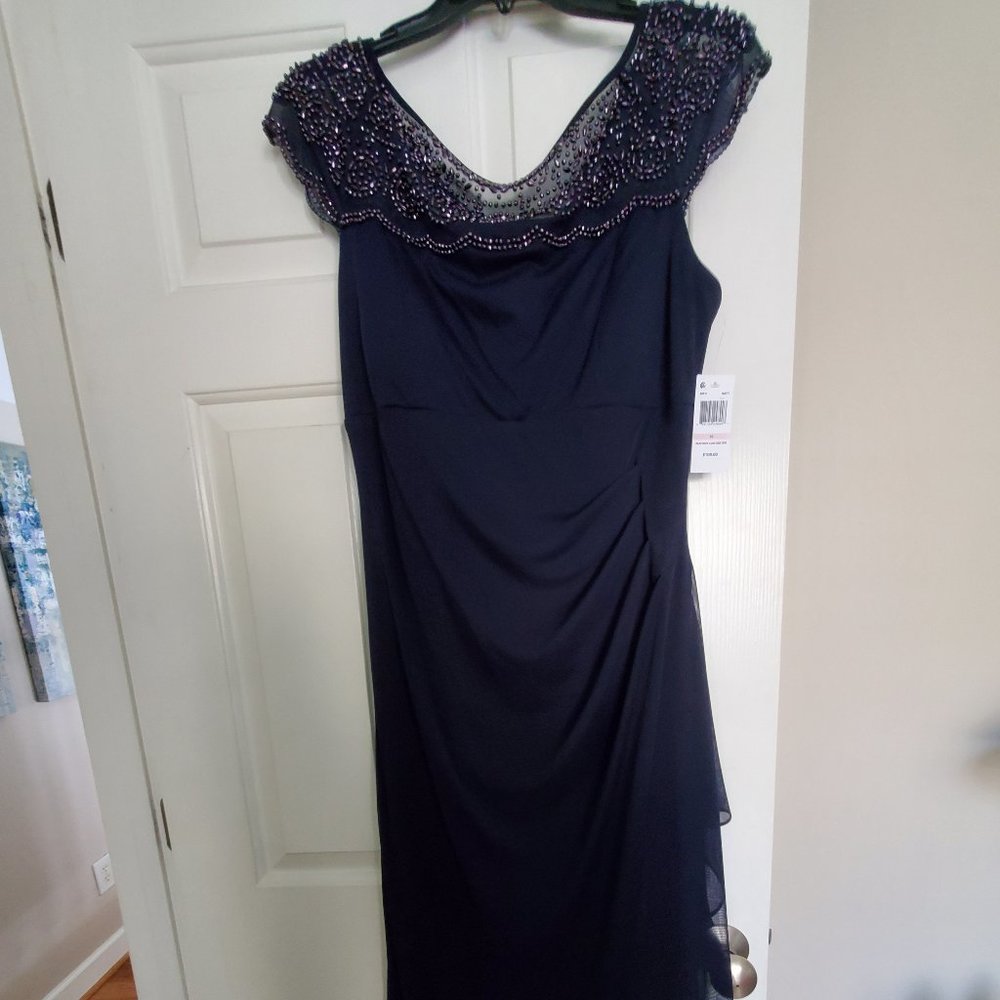 Navy Blue Beaded Neckline Cocktail Gown